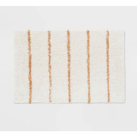 Threshold Bath Rug Modern Tufted Cream/Yellow Stripe 100% Cotton 20”x 30” NEW - Picture 1 of 11